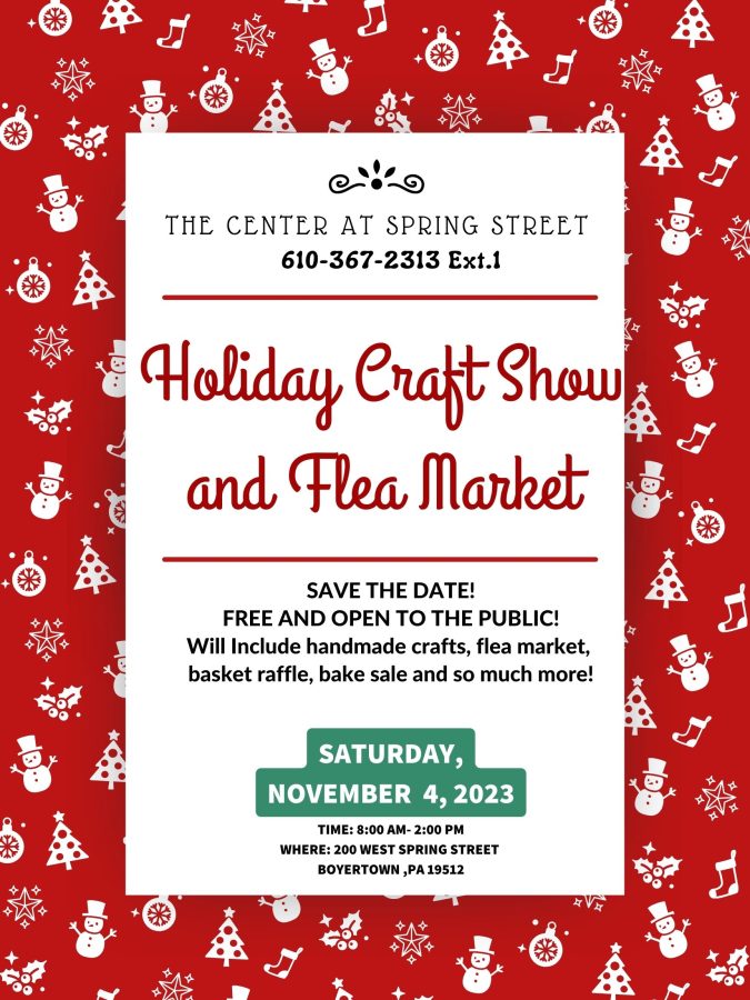 holiday craft show and flea market flyer, center spring street in boyertown